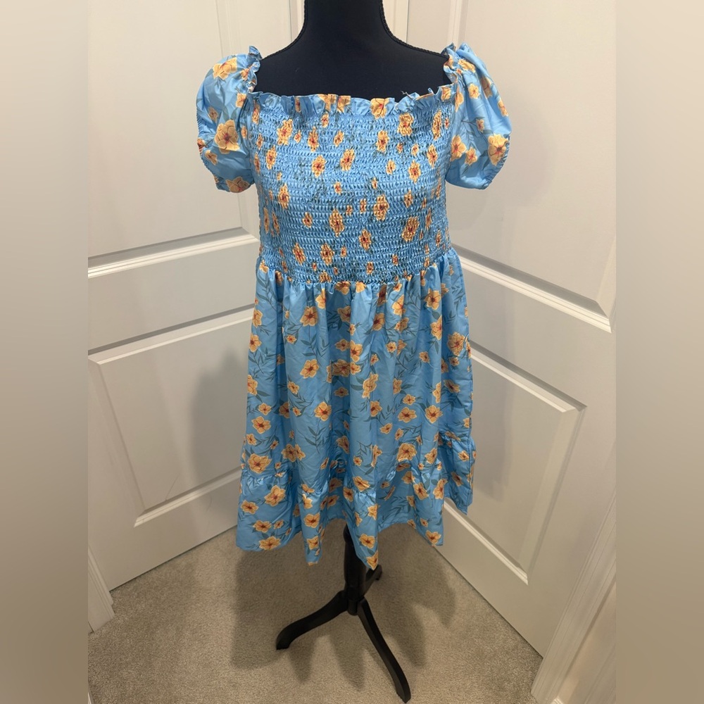SHEIN Blue Smocked Puff Sleeve Mini Dress